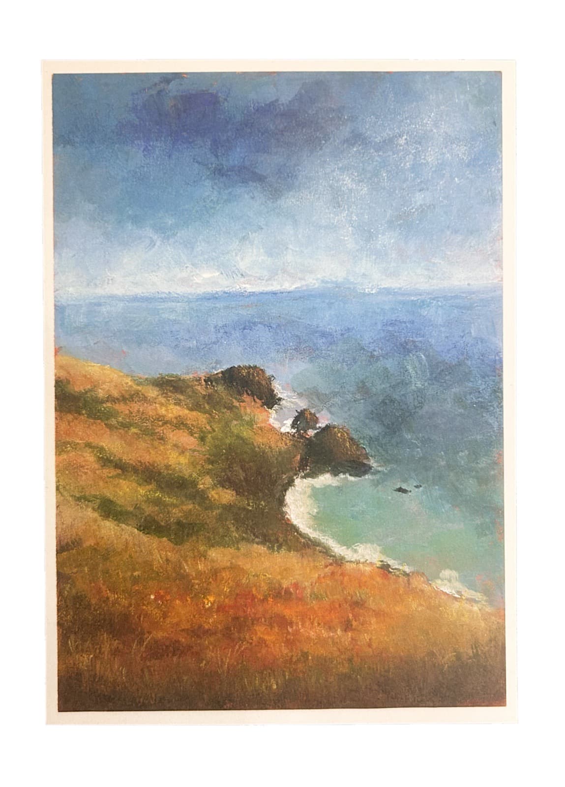 Hand-painted coastal California landscape print: golden bluffs above a turquoise cove under a soft blue sky.